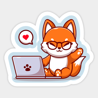 Cute Fox Operating Laptop Cartoon Sticker